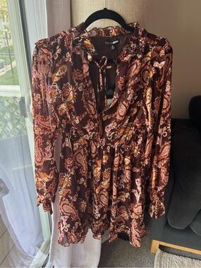 Fashion Nova Brown & Orange Paisley Ruffle Tie-Neck Mini Dress